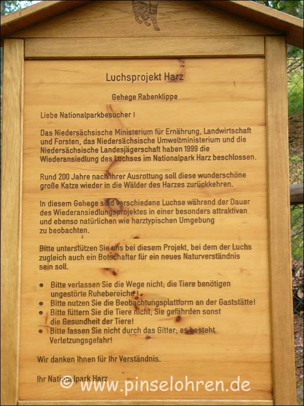 Infotafel zur Auswilderung von Luchsen im Harz.